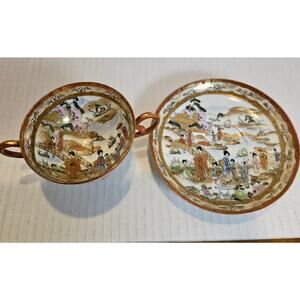 Japanese Kutani Porcelain bouillon cup Saucer Mejii Era Intricate guilding